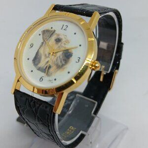 Airedale Terrier 33mm Women's Gold Tone Black Leather Band Dog Watch